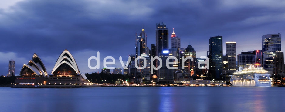 Devopera logo overlayed on Sydney cityscape